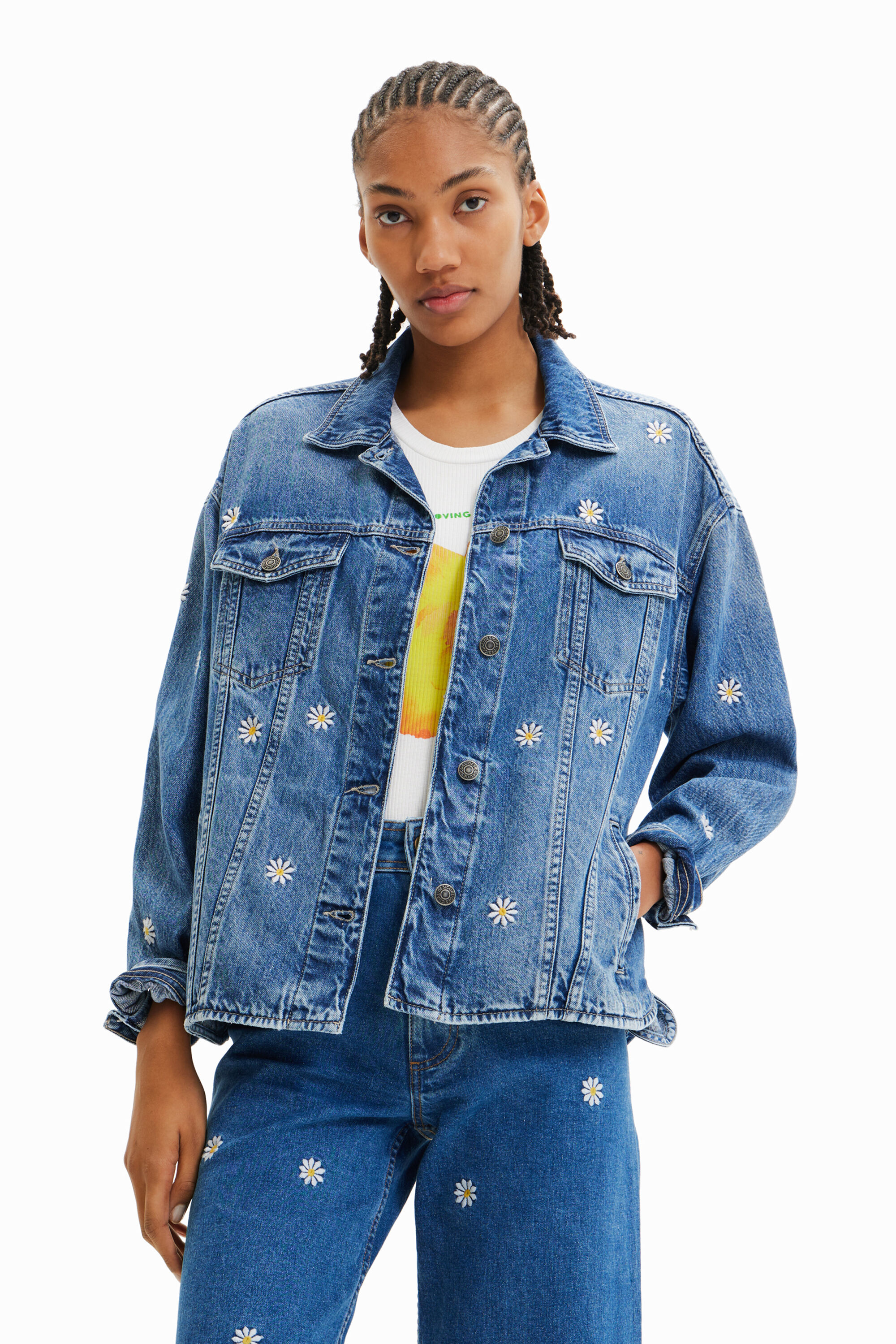 DESIGUAL Landscape Denim Buttoned Shirt Neck Mid Waist Jacket With Pockets  For Women - Multi Color