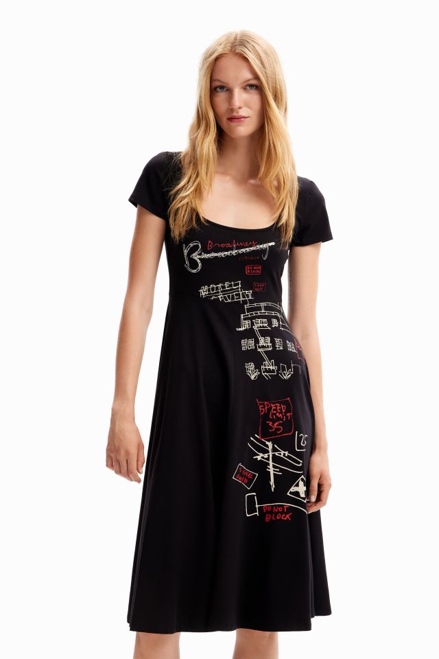 Desigual arty print cotton black dress with short sleeves and scoop neck, Winter 2023 collection