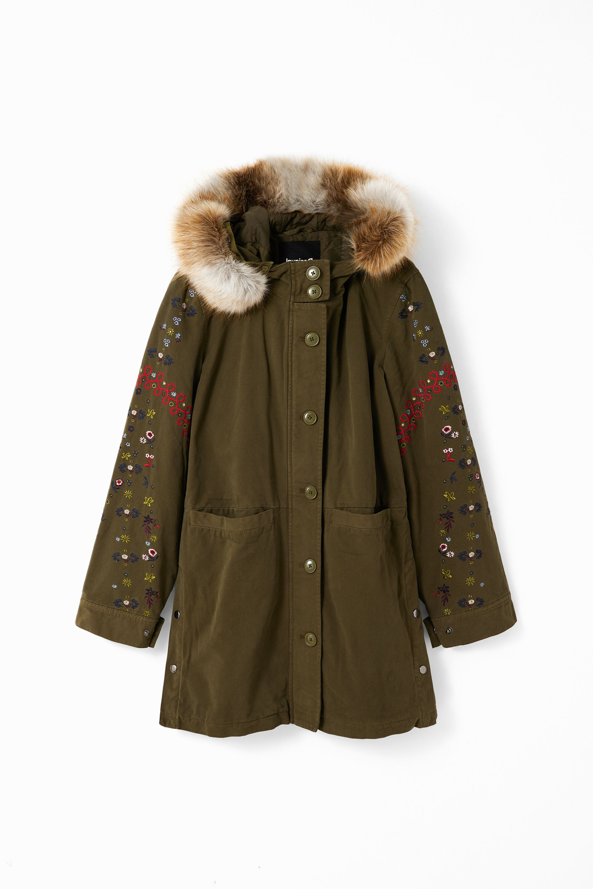 Desigual DETROIT military green embroidered cotton hooded parka