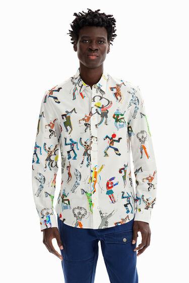 Desigual men's white cotton shirt with colouful dancing figures, Fall-Winter 2023 collection for Men, Desigual in Vancouver Canada