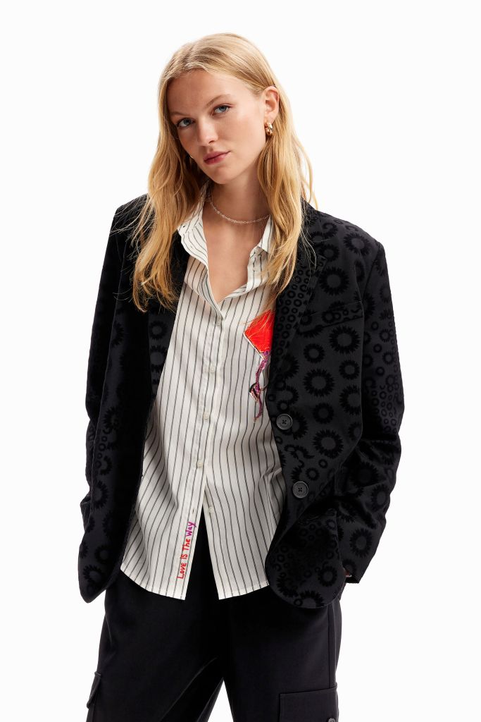 Desigual black flocked blazer with tone-on-tone motifs, Fall-Winter 2023 collection now at Angel of Vancouver Canada