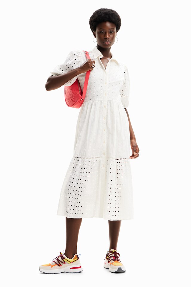Desigual BERKELEY white cotton midi dress with Swedish embroidery SS2024