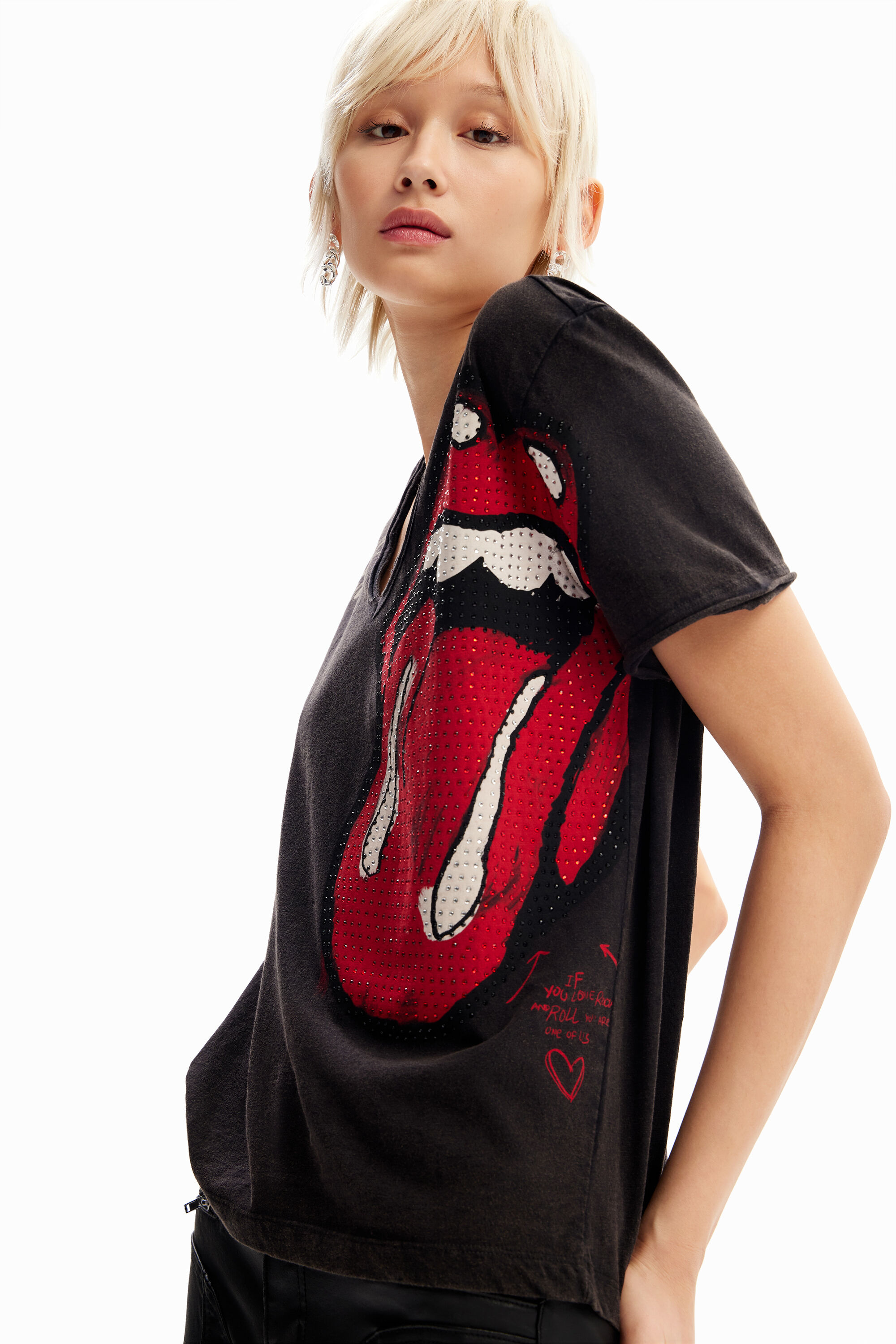 Desigual ROLLING STONES black cotton T-shirt with sequins SS2024